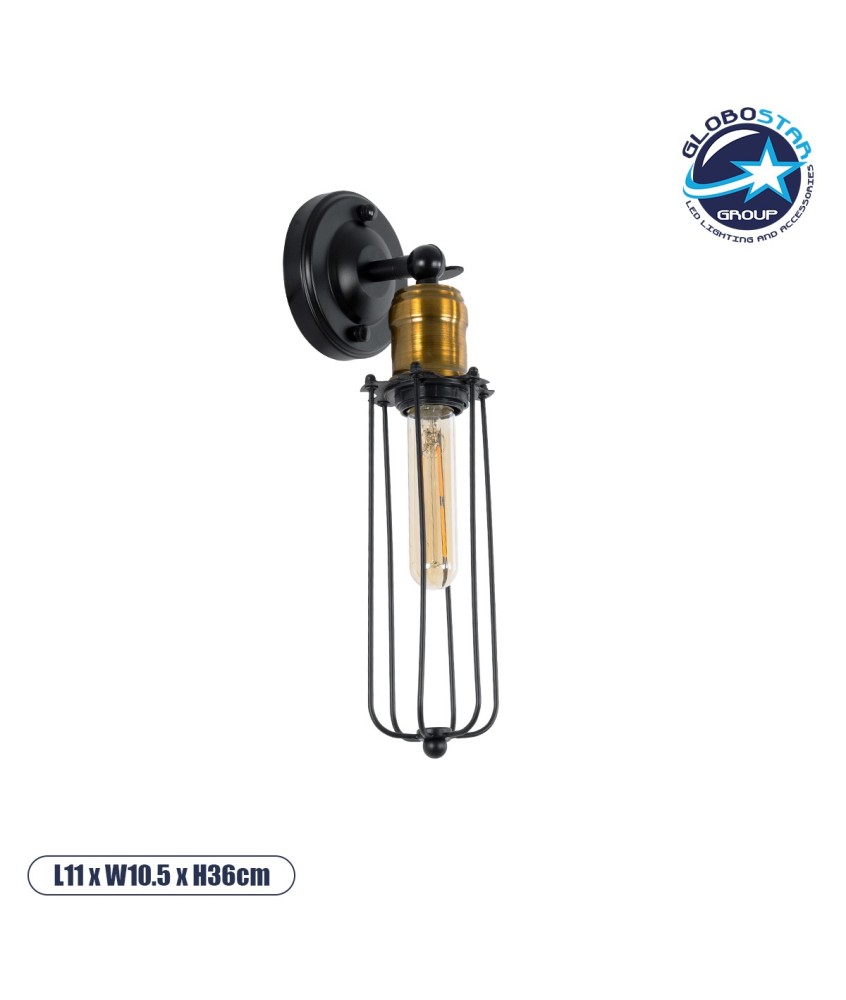 GLOBOSTAR® CATEL 01055 Vintage Φωτιστικό Τοίχου - Απλίκα με Ντουί 1 x E27 AC 220-240V IP20 - Μαύρο & Χρυσό - Μ11 x Π10.5 x Υ36cm